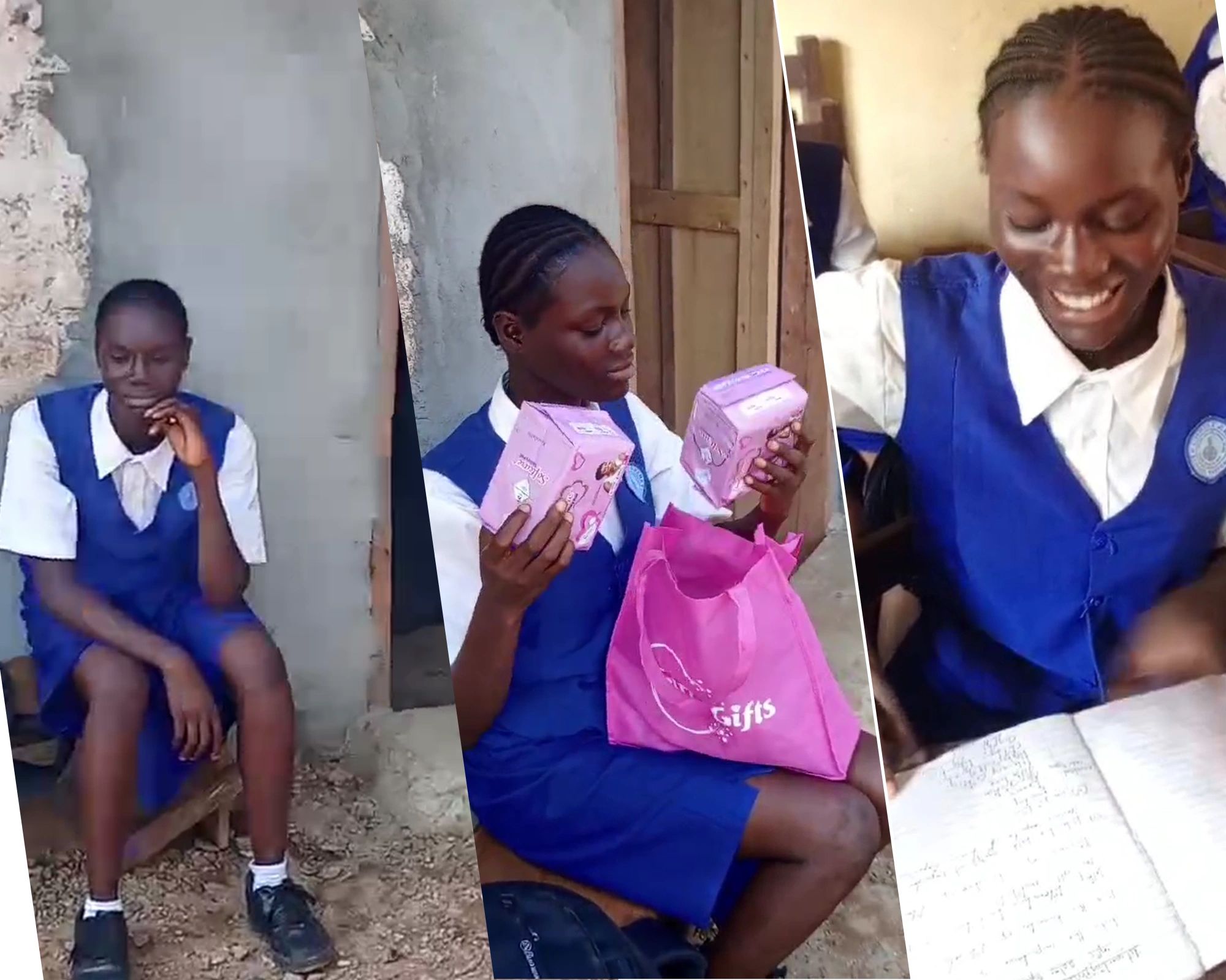 A student receiving a Girly Gifts hygiene kit